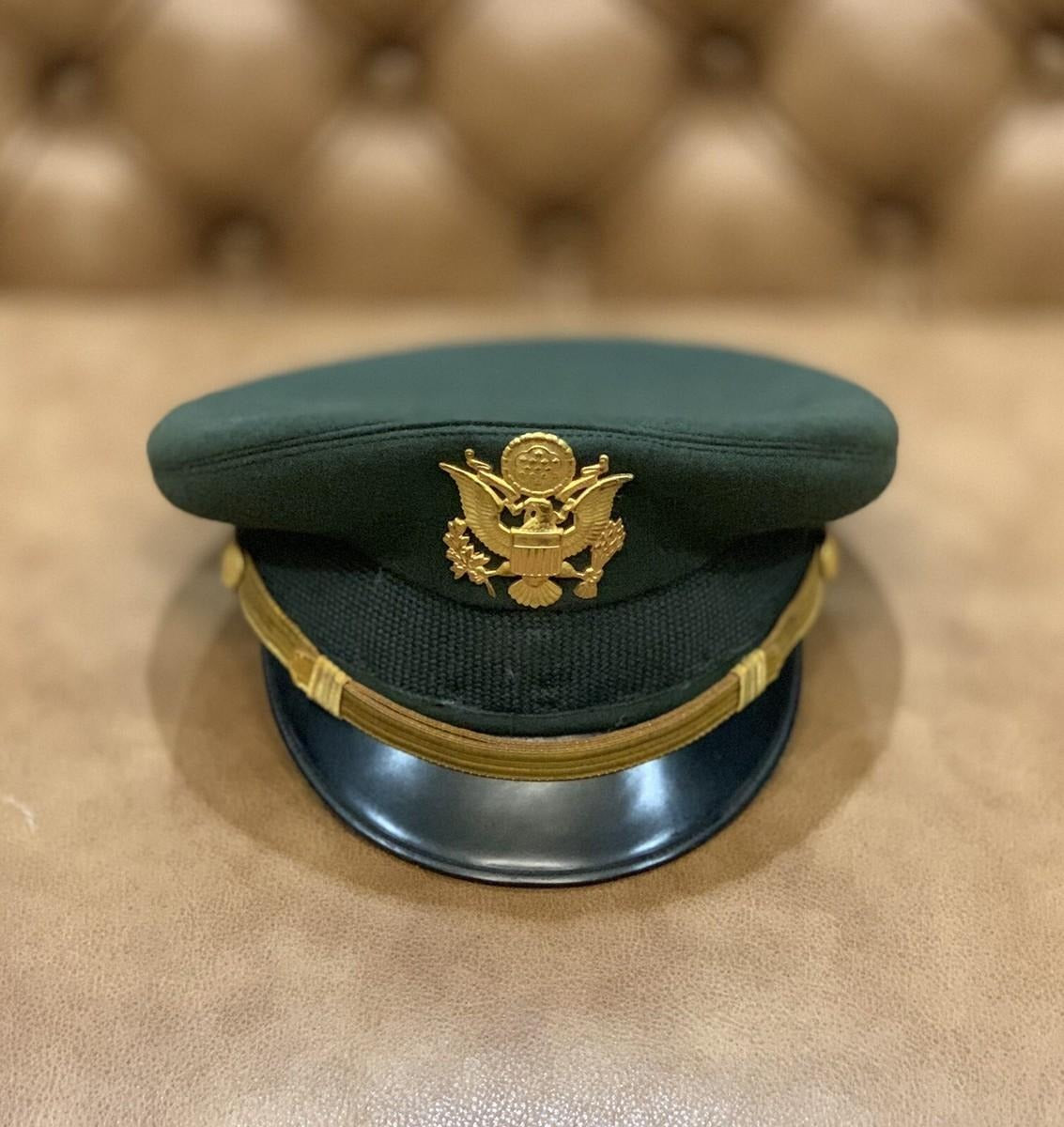 Premium Olive Green Military Style Officer Peaked Cap with Gold Chin Strap – Ceremonial Dress Uniform Cap