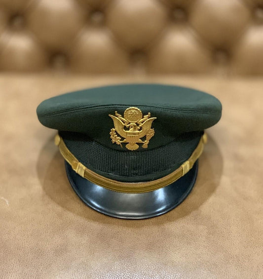 Premium Olive Green Military Style Officer Peaked Cap with Gold Chin Strap – Ceremonial Dress Uniform Cap