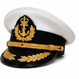 Premium White Ceremonial Officer Peaked Cap with Gold Chin Cord