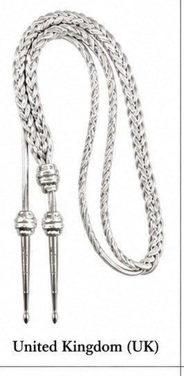 United Kingdom (UK) Silver Ceremonial Military Aiguillette Shoulder Cord with Metal Tips